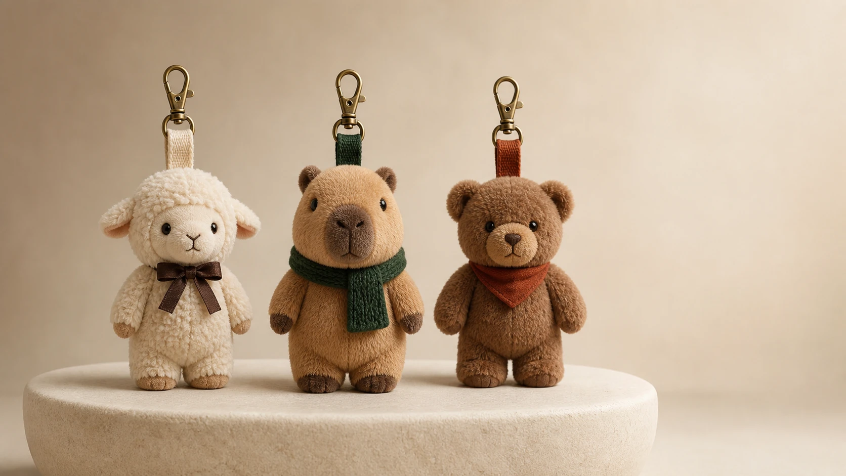 Wholesale plush bag charms in cream lamb, capybara and teddy bear with woven loops and swivel clasps